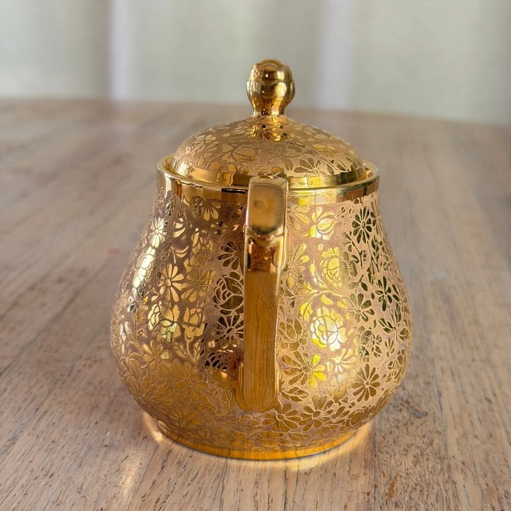 Vtg 50s Ransgil China 22K Gold Encrusted Floral Etched Creamer & Sugar Bowl Set